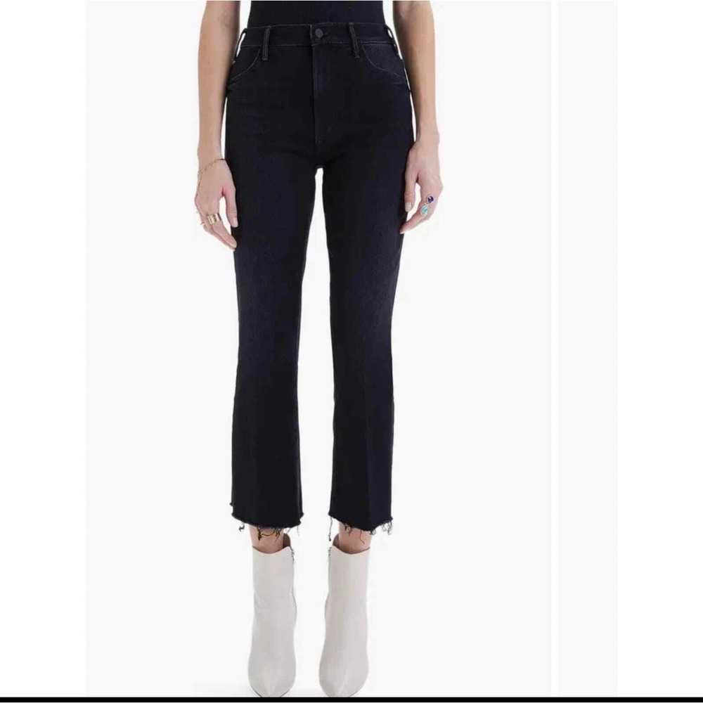 Mother The Hustler Ankle Fray Encounters at Night black denim raw hem jeans